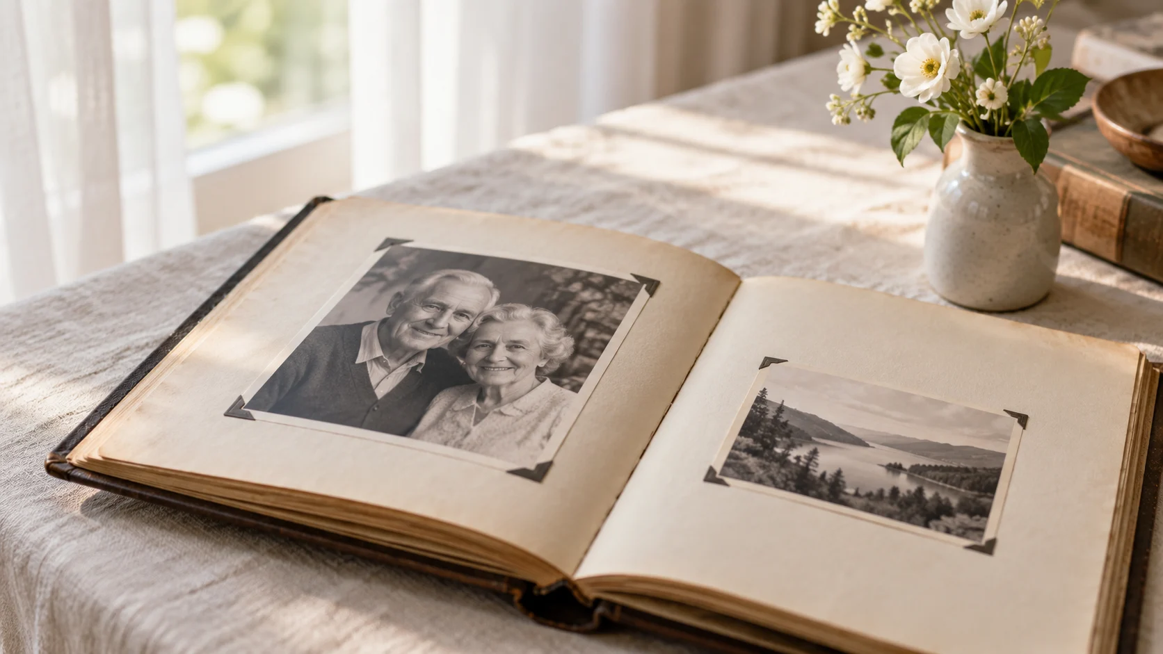 An open family photograph album beside flowers in soft window light